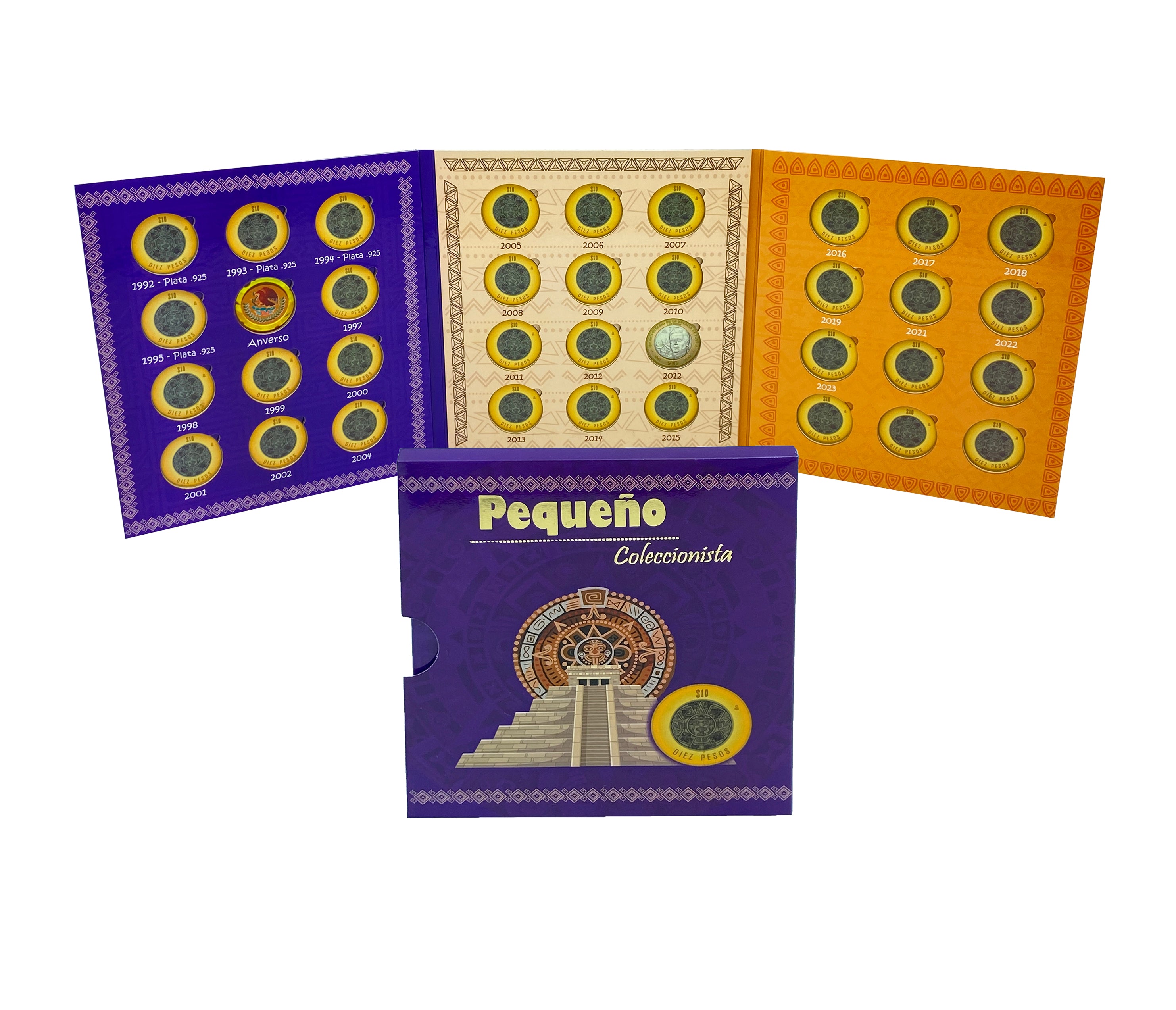 Álbum tríptico para coleccionistas de monedas mexicanas, ideal para monedas de 10 pesos, incluye espacio para monedas de 1992 a la fecha, con diseño vibrante y cubre polvo. Imágenes de culturas antiguas de México. Álbum tríptico para coleccionistas de monedas mexicanas, ideal para monedas de 10 pesos, incluye espacio para monedas de 1992 a la fecha, con diseño vibrante y cubre polvo. Imágenes de culturas antiguas de México.